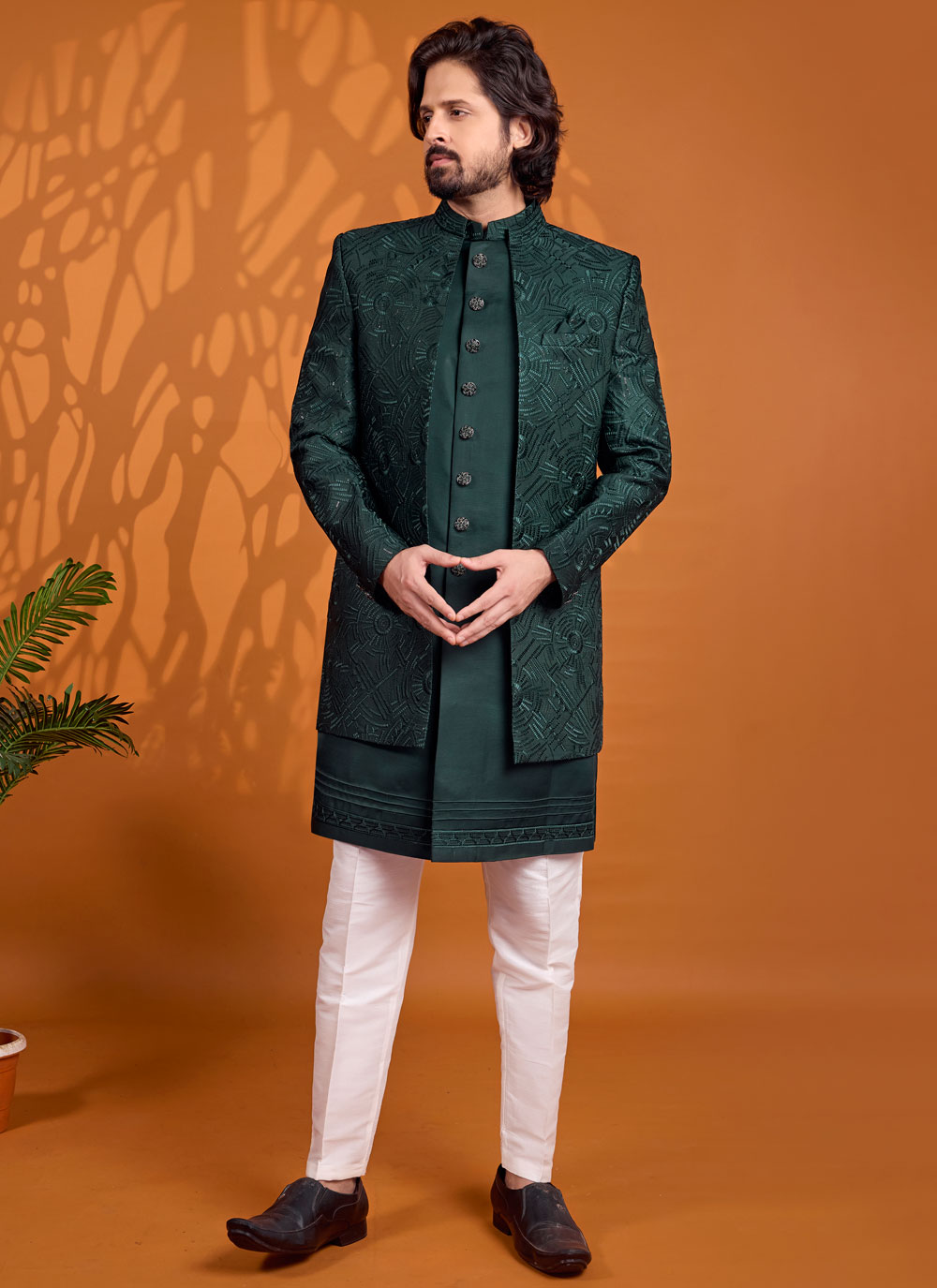 Green Thread Embroidered Art Silk Indo Western for Wedding - Buy Online