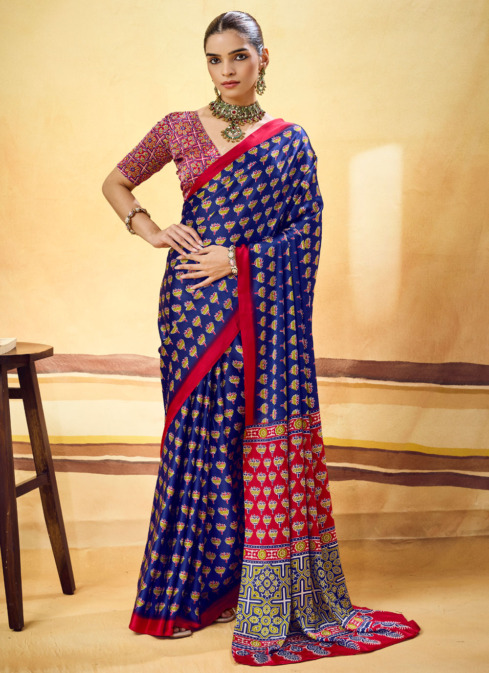 Blue Satin Ajrakh Print Work Classic Saree - Buy Online