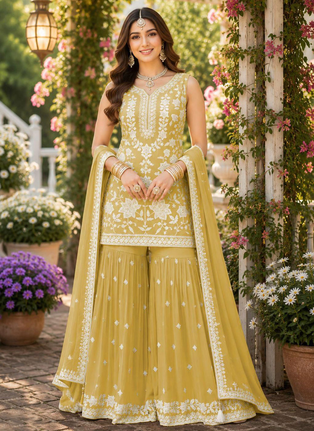 Yellow Chiffon Embroidered Palazzo Salwar Suit - Buy Online