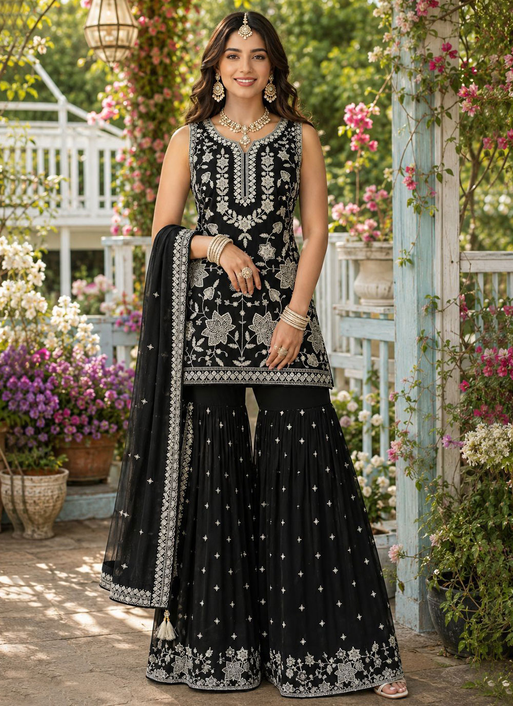 Black Embroidered Sequins Khatli Work Chiffon Designer Salwar Suit - Buy Online
