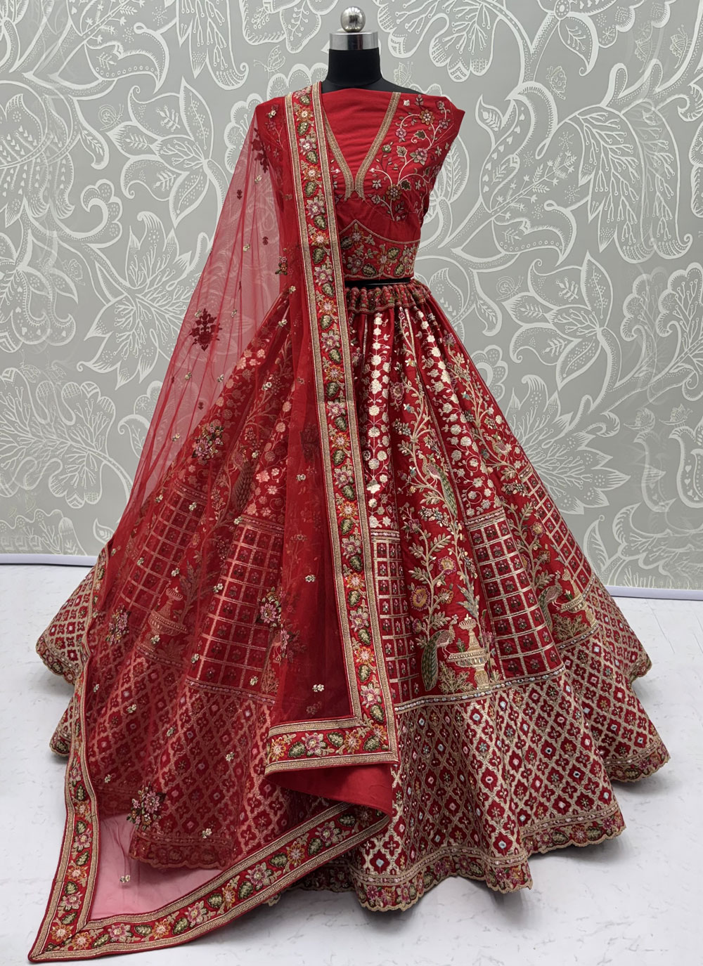 Red Silk Mirror Sequins Thread Zari Embroidered Bridal Lehenga Choli - Buy Online
