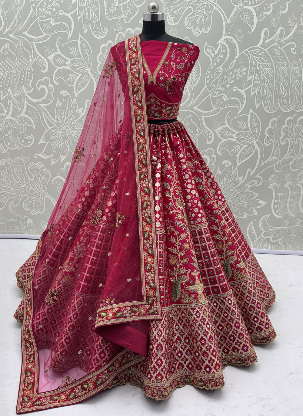 Rani Silk Sequins Thread Mirror Zari Embroidered Lehenga Choli for Wedding - Buy Online