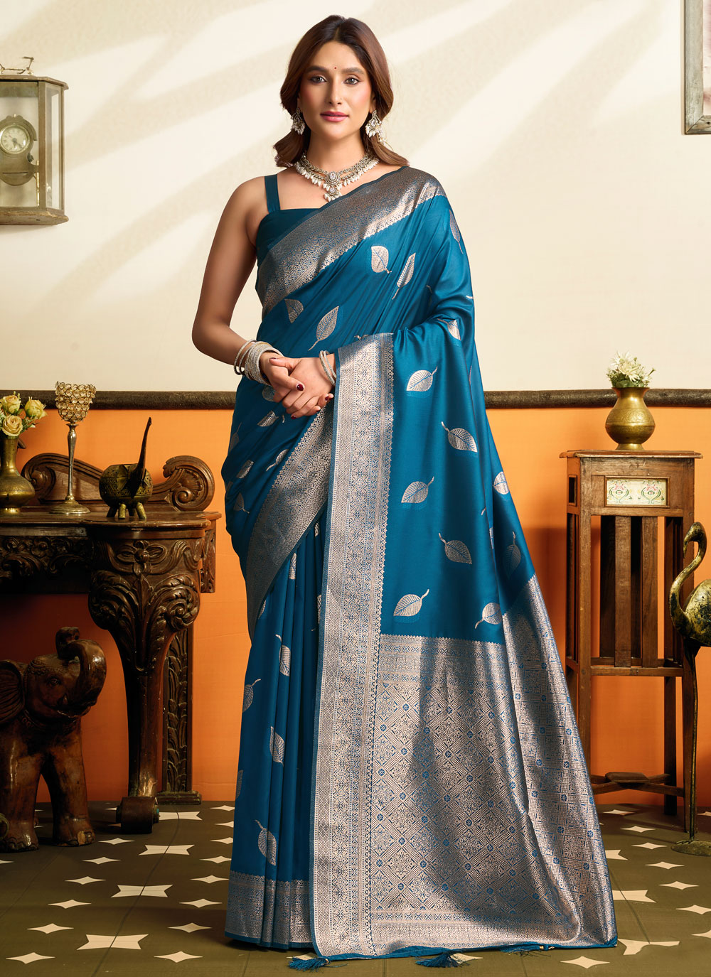 Teal Silk Woven Work Trendy Saree - Buy Online