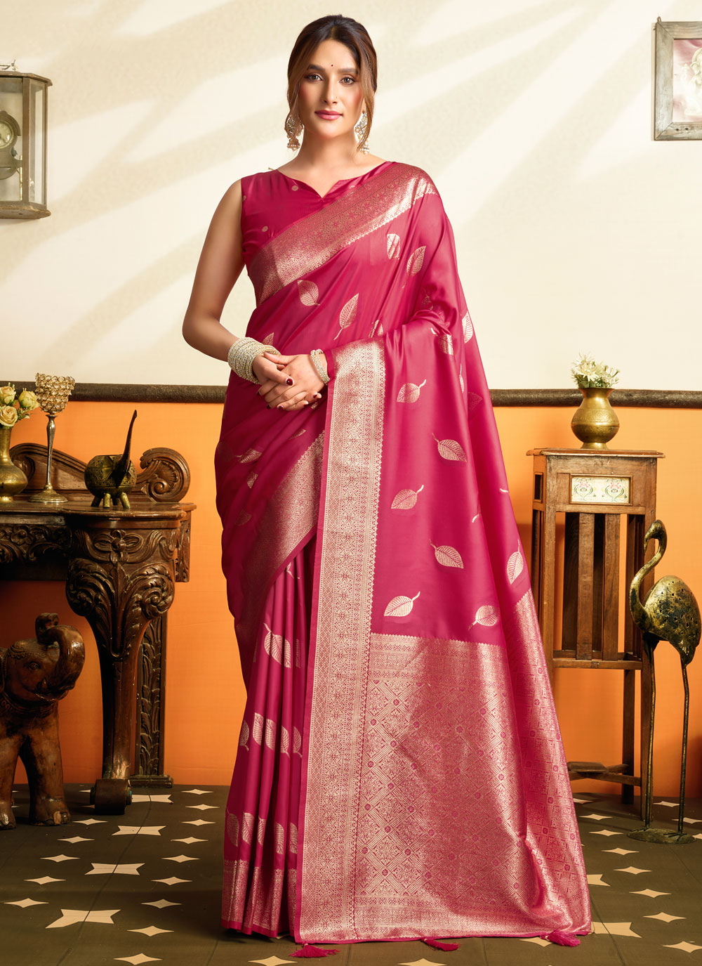 Silk Woven Work Pink Festival Wear Saree - Buy Online