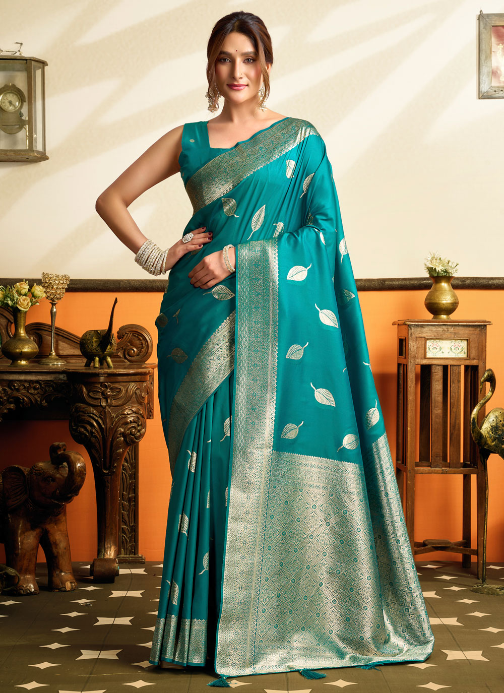 Turquoise Woven Silk Contemporary Saree - Buy Online