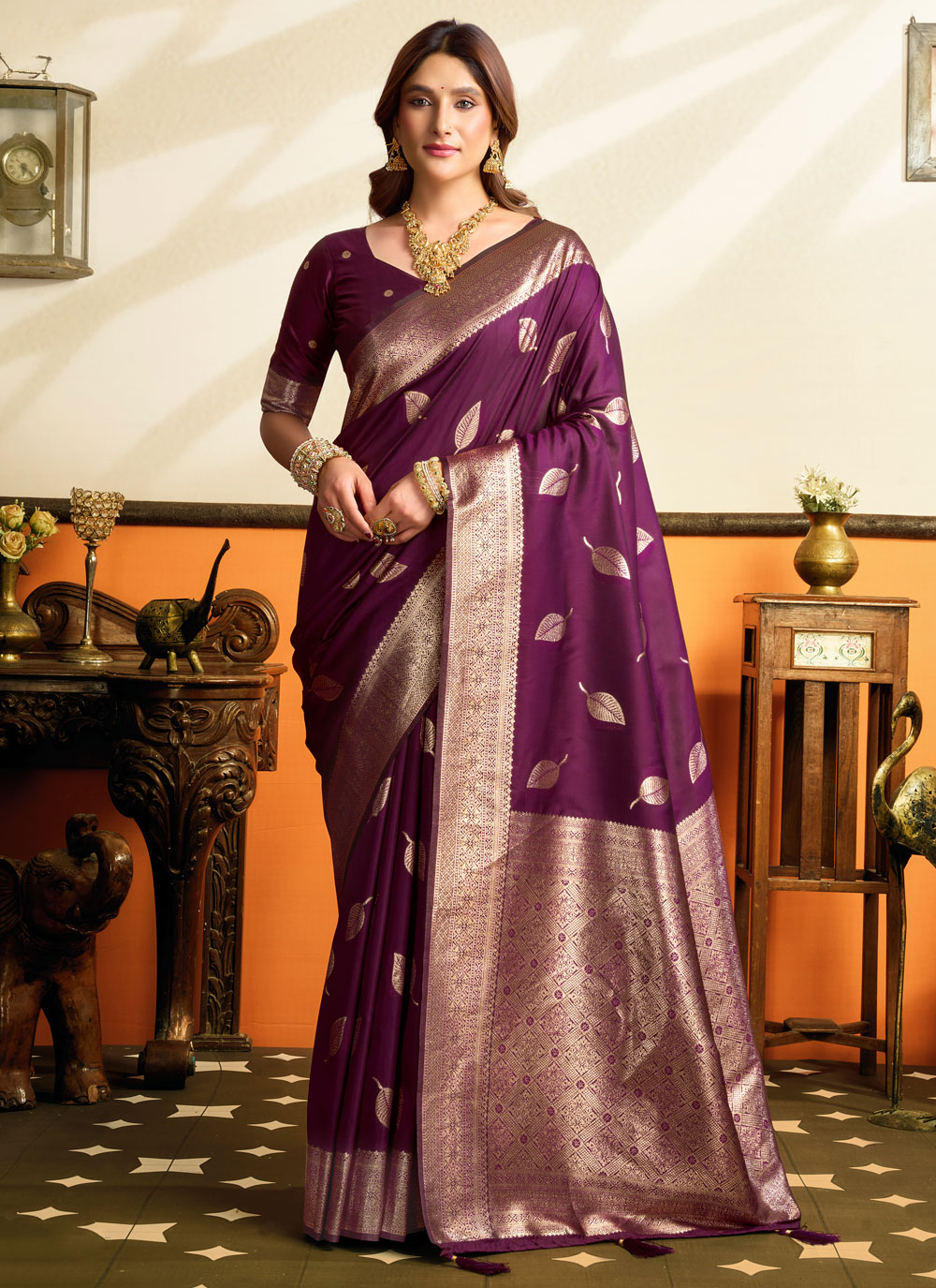 Woven Work Silk Traditional Saree in Purple - Buy Online
