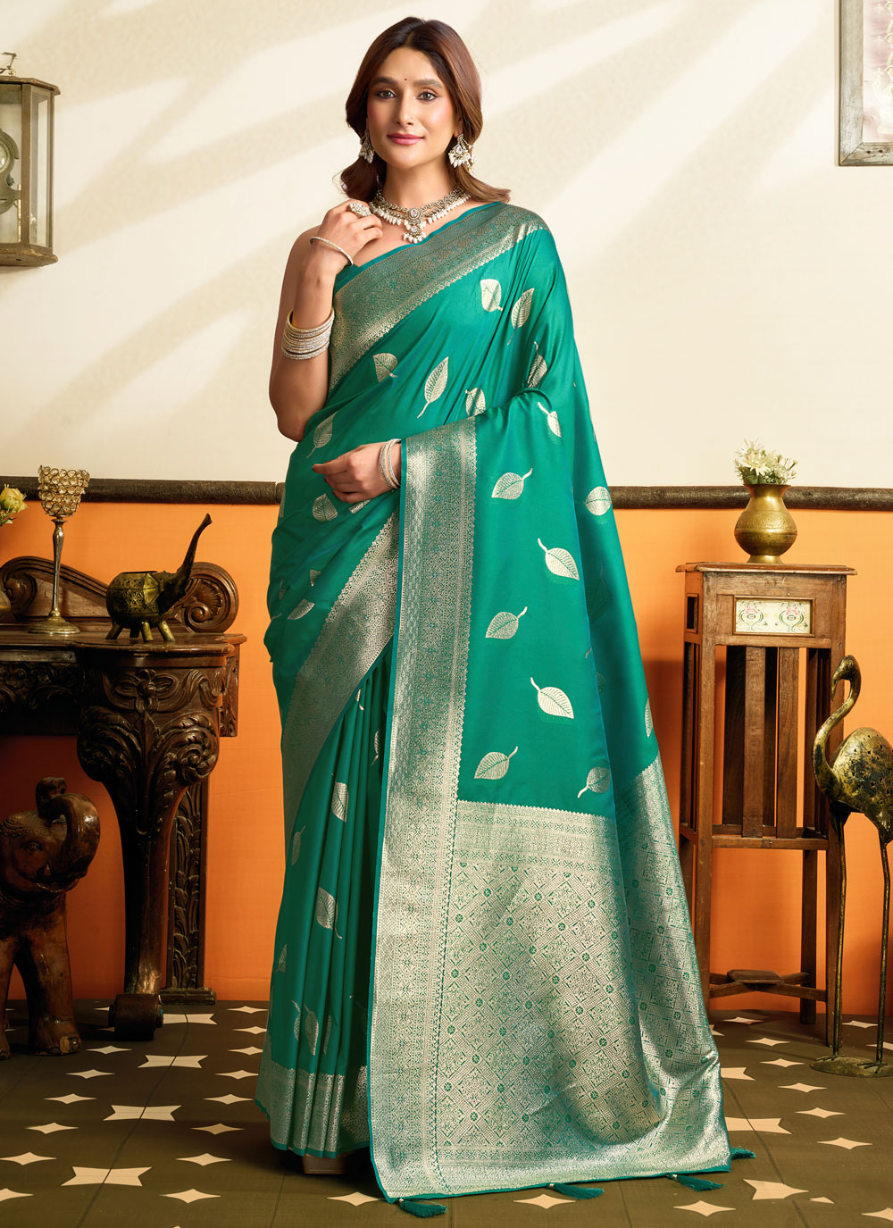 Silk Sea Green Woven Work Classic Saree - Buy Online