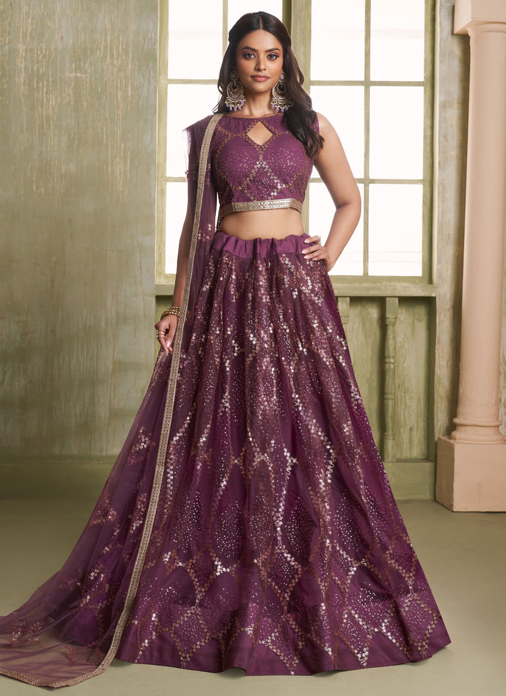 Purple Net Sequins Thread Embroidered Designer Lehenga Choli - Buy Online