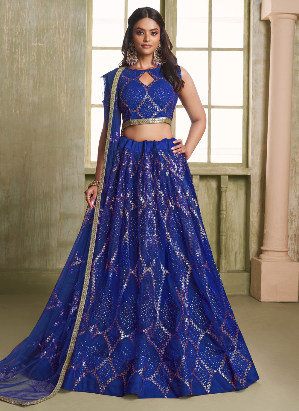 Net Thread Sequins Work Blue Trendy Lehenga Choli - Buy Online