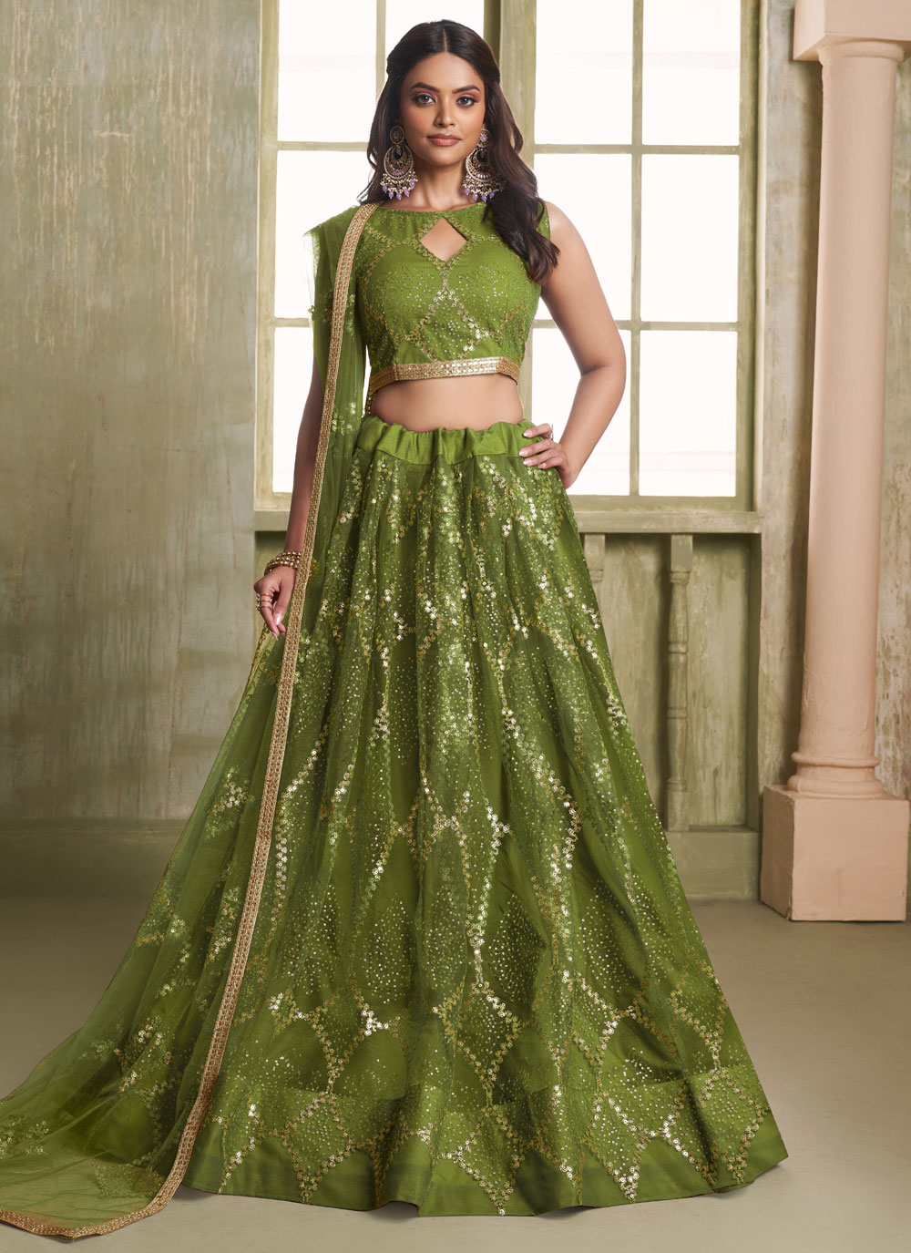 Green Embroidered Sequins Work Net Lehenga Choli for Ceremonial - Buy Online