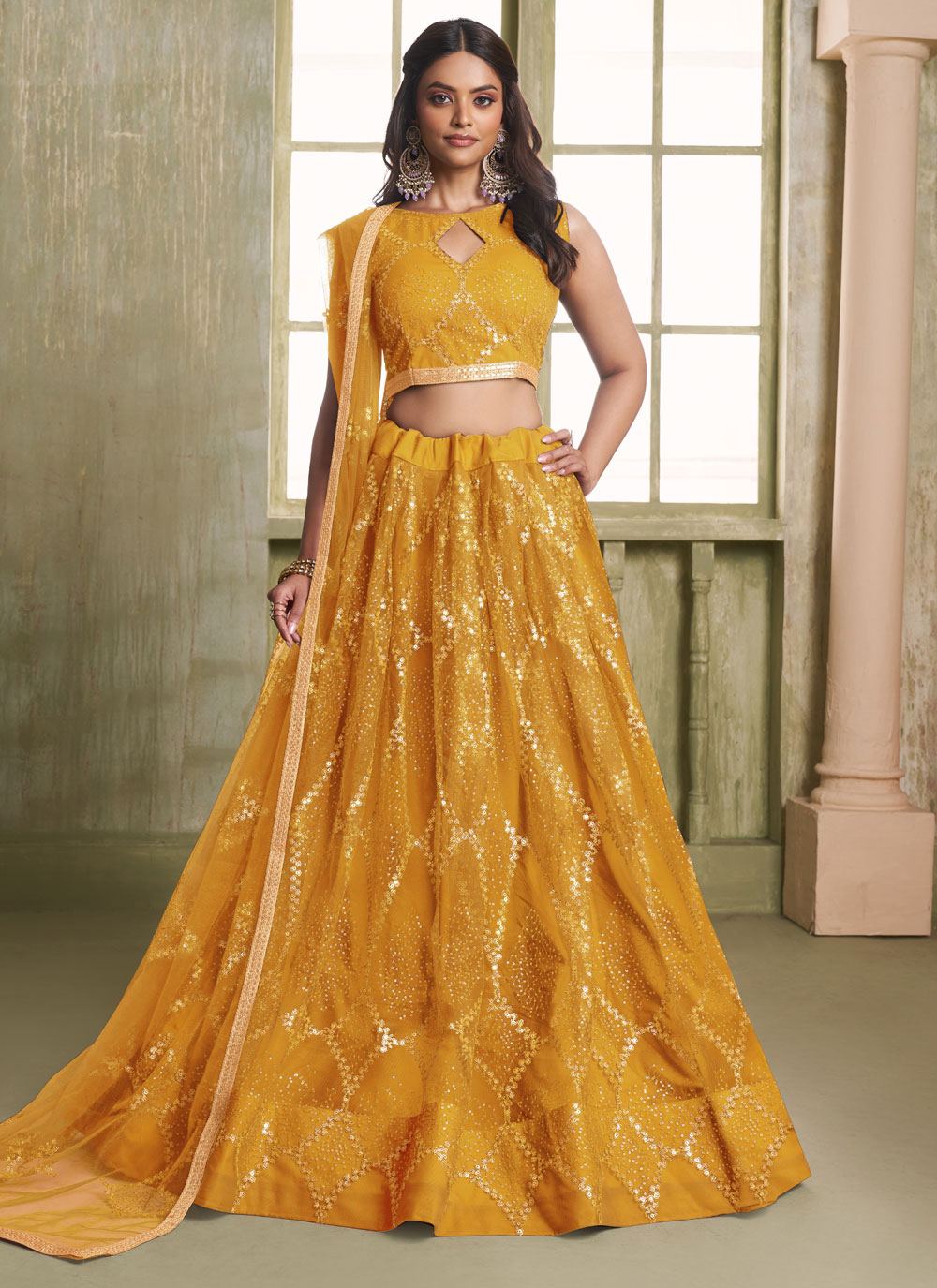 Orange Color Net Sequins Embroidered Lehenga Choli - Buy Online