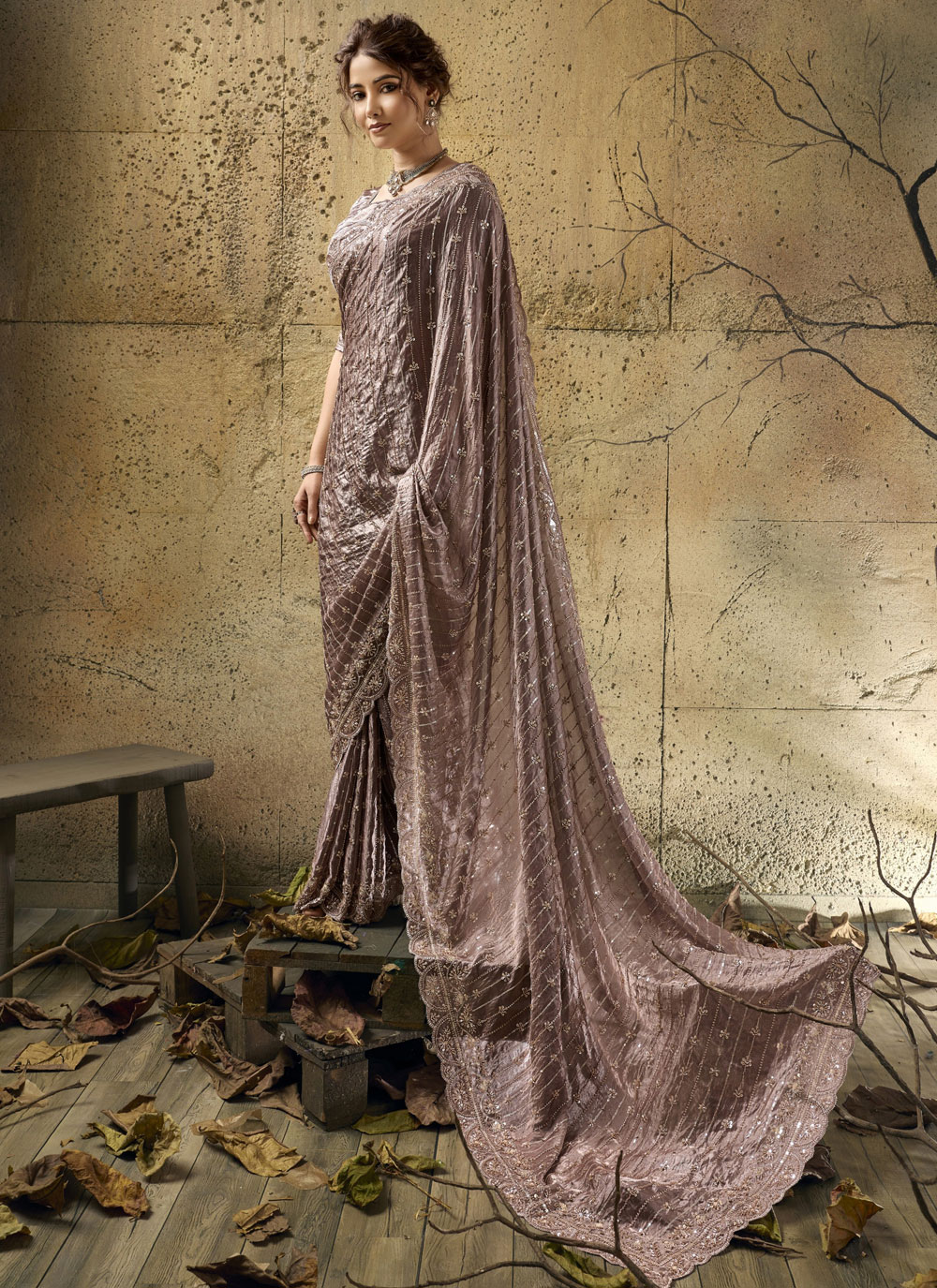 Brown Velvet Satin Beads Pearls Sequins Embroidered Designer Saree - Buy Online