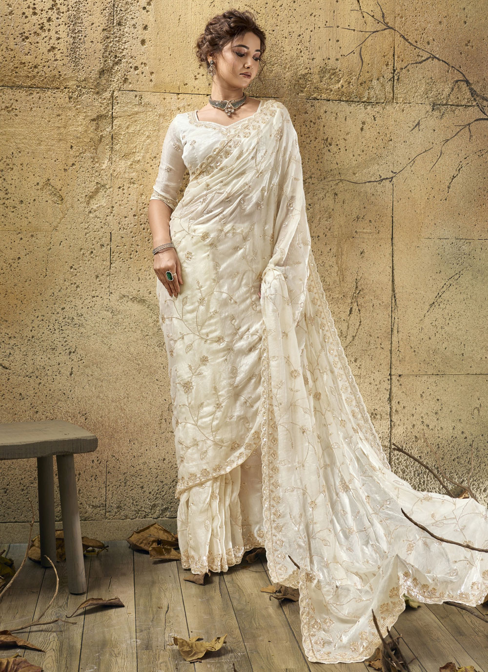 Off White Beads Pearls Embroidered Velvet Satin Traditional Saree - Buy Online