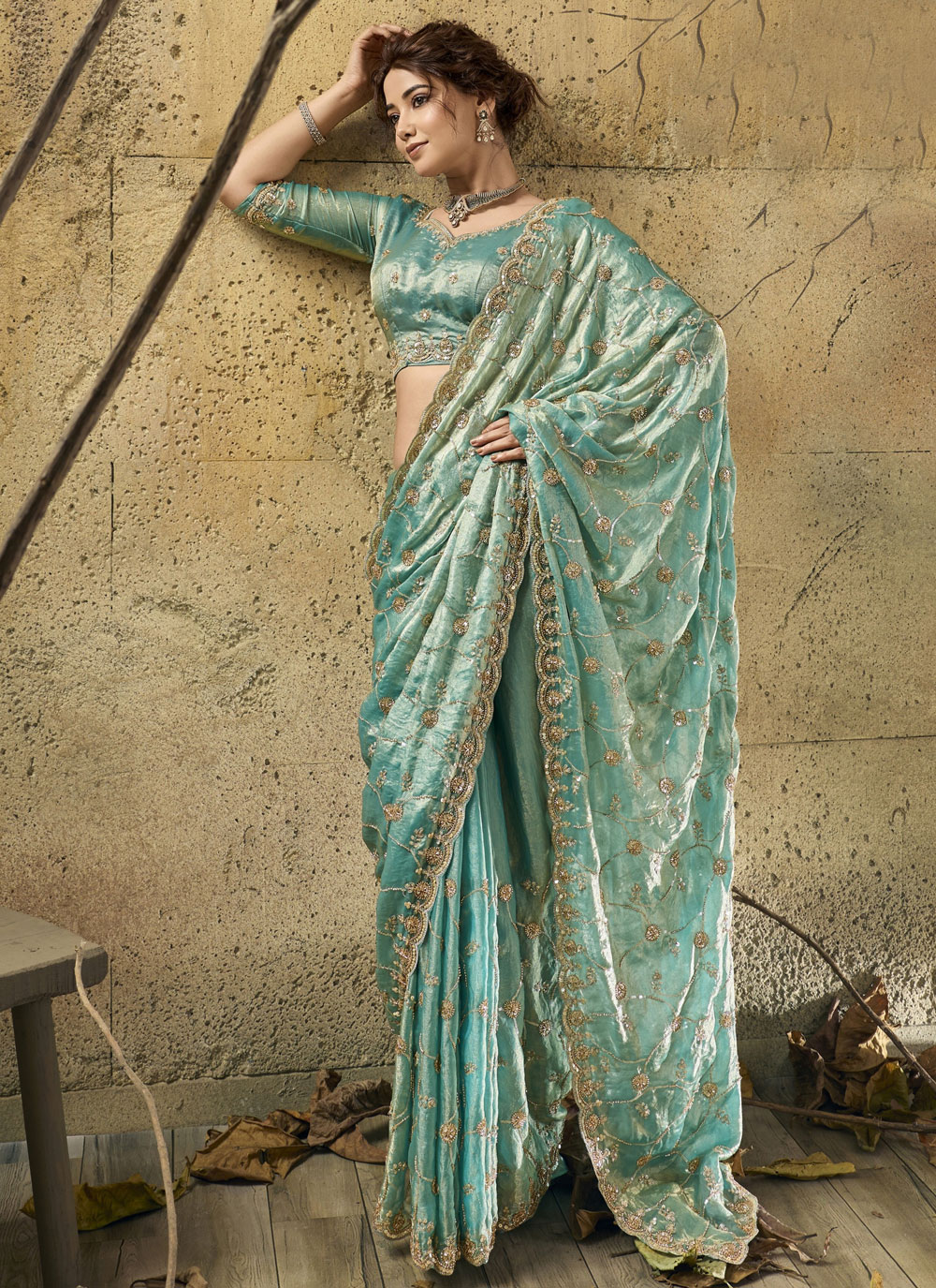 Satin Velvet Turquoise Pearls Beads Embroidered Classic Saree - Buy Online