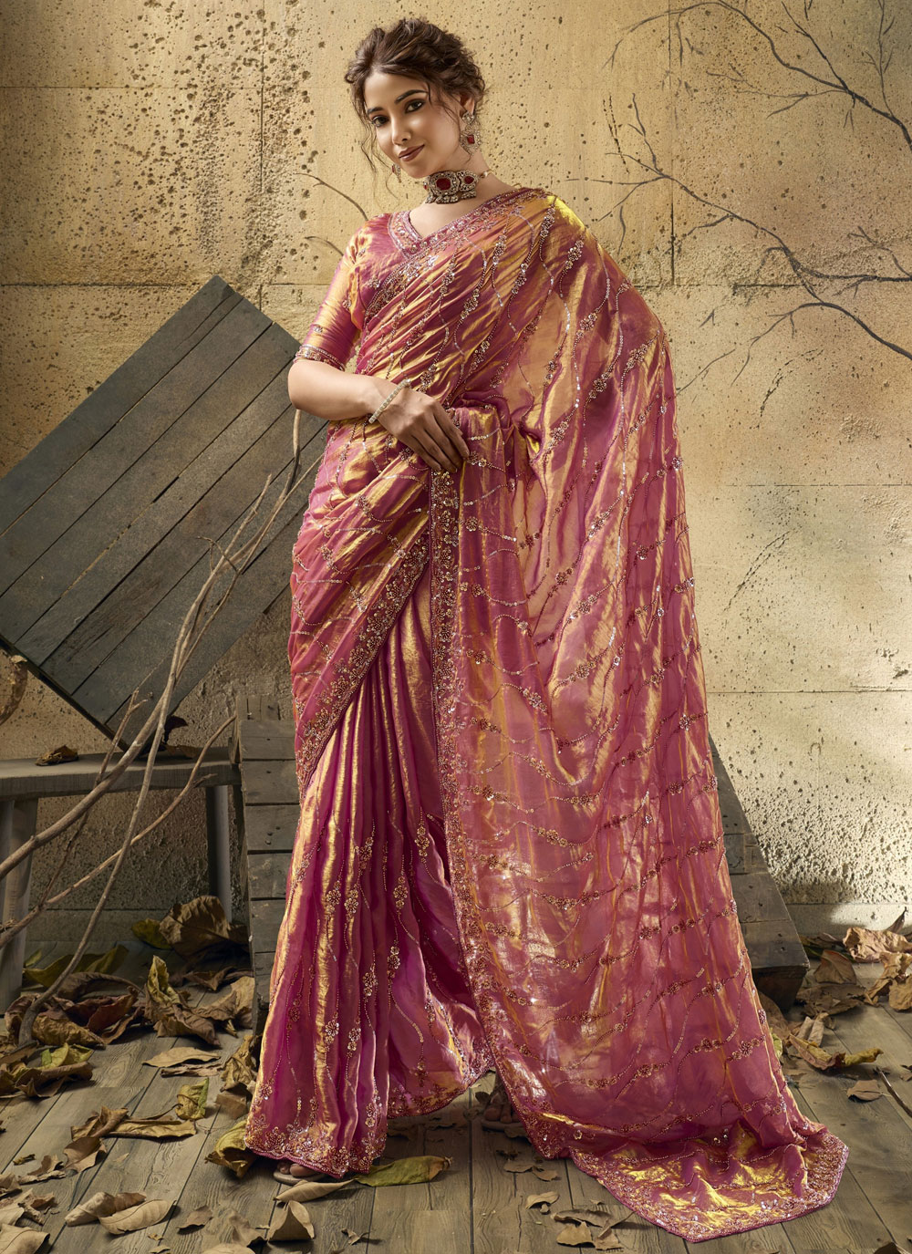 Pink Velvet Satin Beads Pearls Sequins Embroidered Trendy Saree - Buy Online