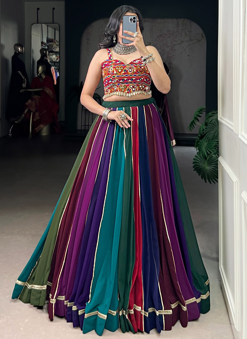 Multi Colour Georgette Lace Work Lehenga Choli for Navratri - Buy Online