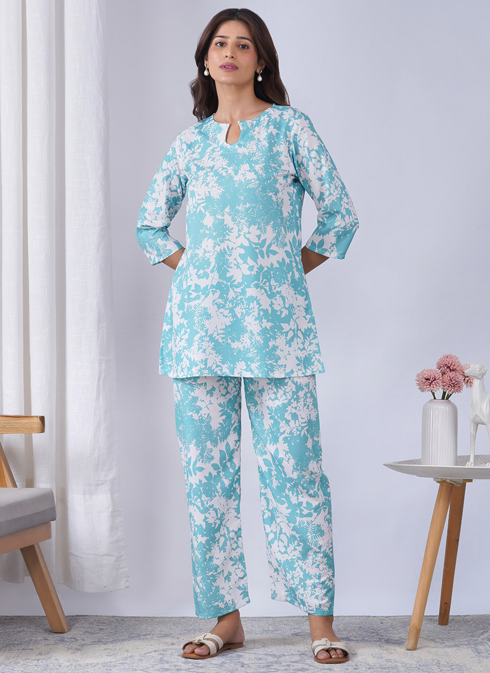 Rayon Aqua Blue Printed Trendy Kurti for Casual - Buy Online