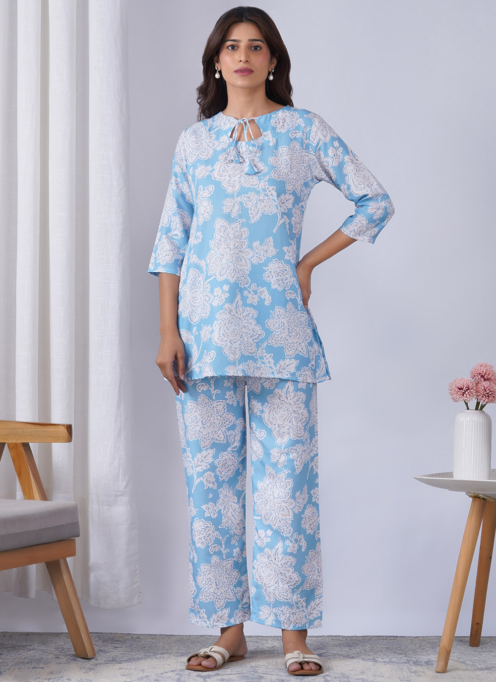 Aqua Blue Rayon Print Work Party Wear Kurti - Buy Online
