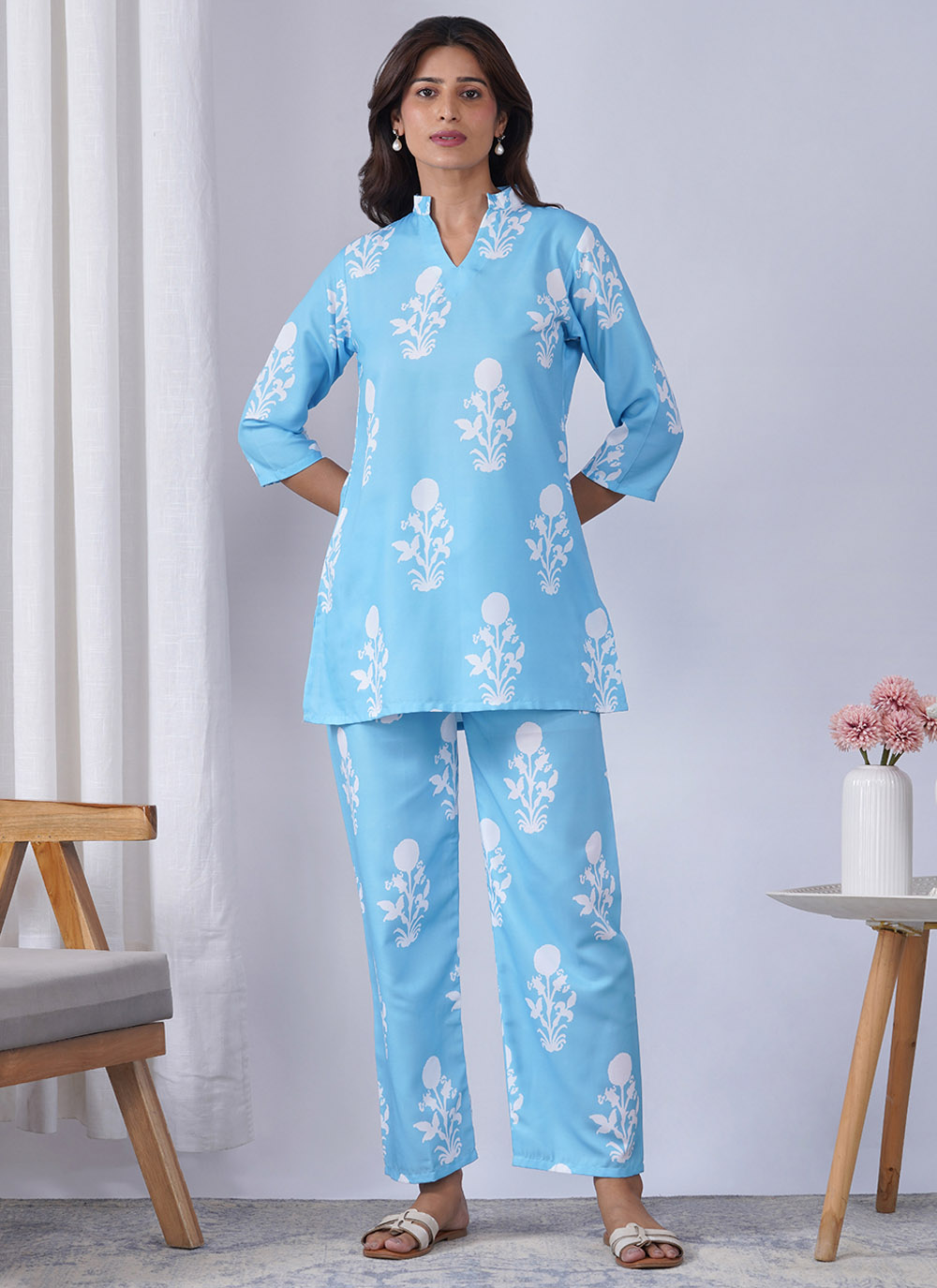 Rayon Printed Trendy Kurti in Aqua Blue - Buy Online