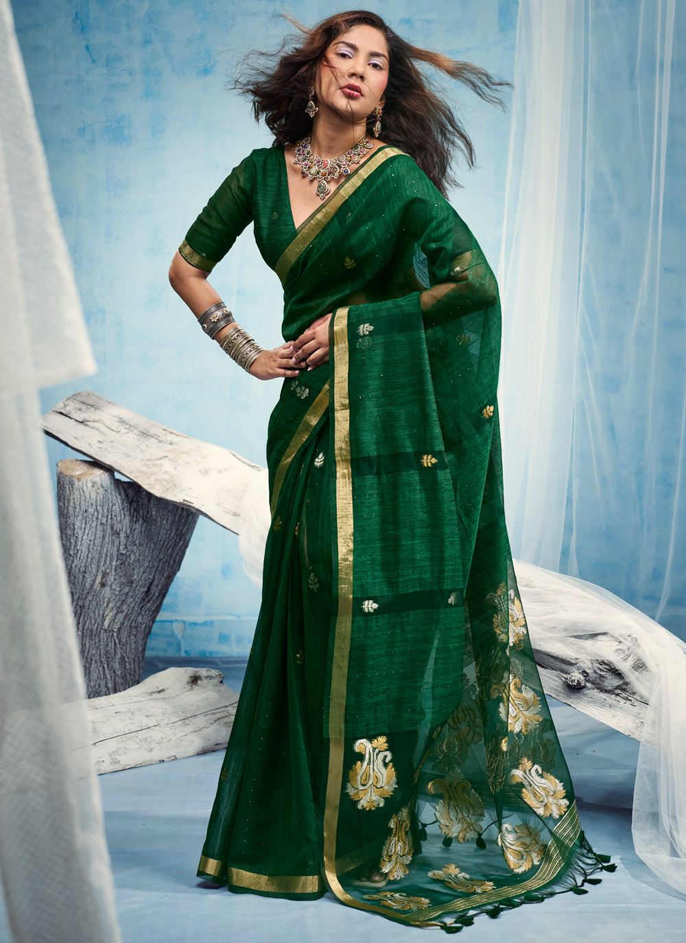 Green Handloom Silk Weaving Work Classic Saree - Buy Online
