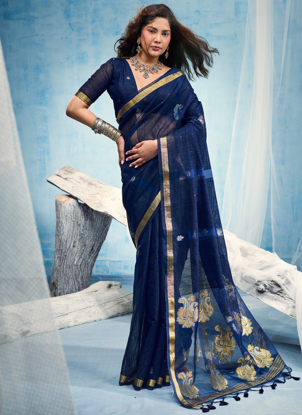 Handloom Silk Weaving Work Blue Trendy Saree - Buy Online