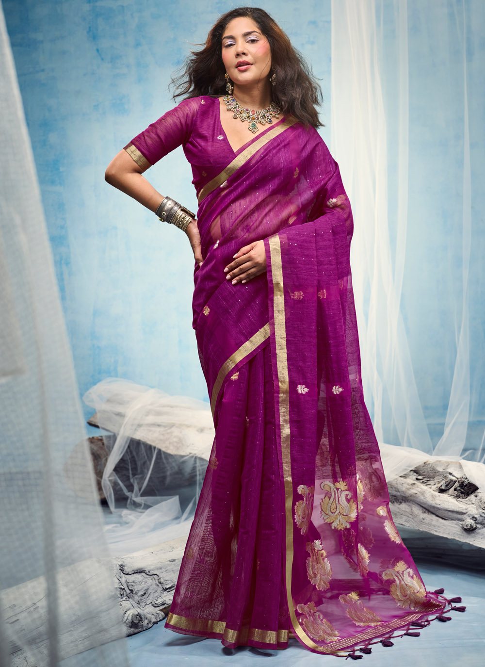 Purple Weaving Handloom Silk Contemporary Saree - Buy Online