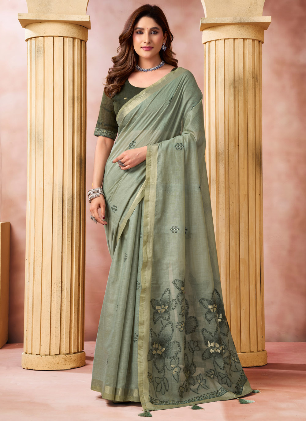 Cotton Green Weaving Work Contemporary Saree - Buy Online