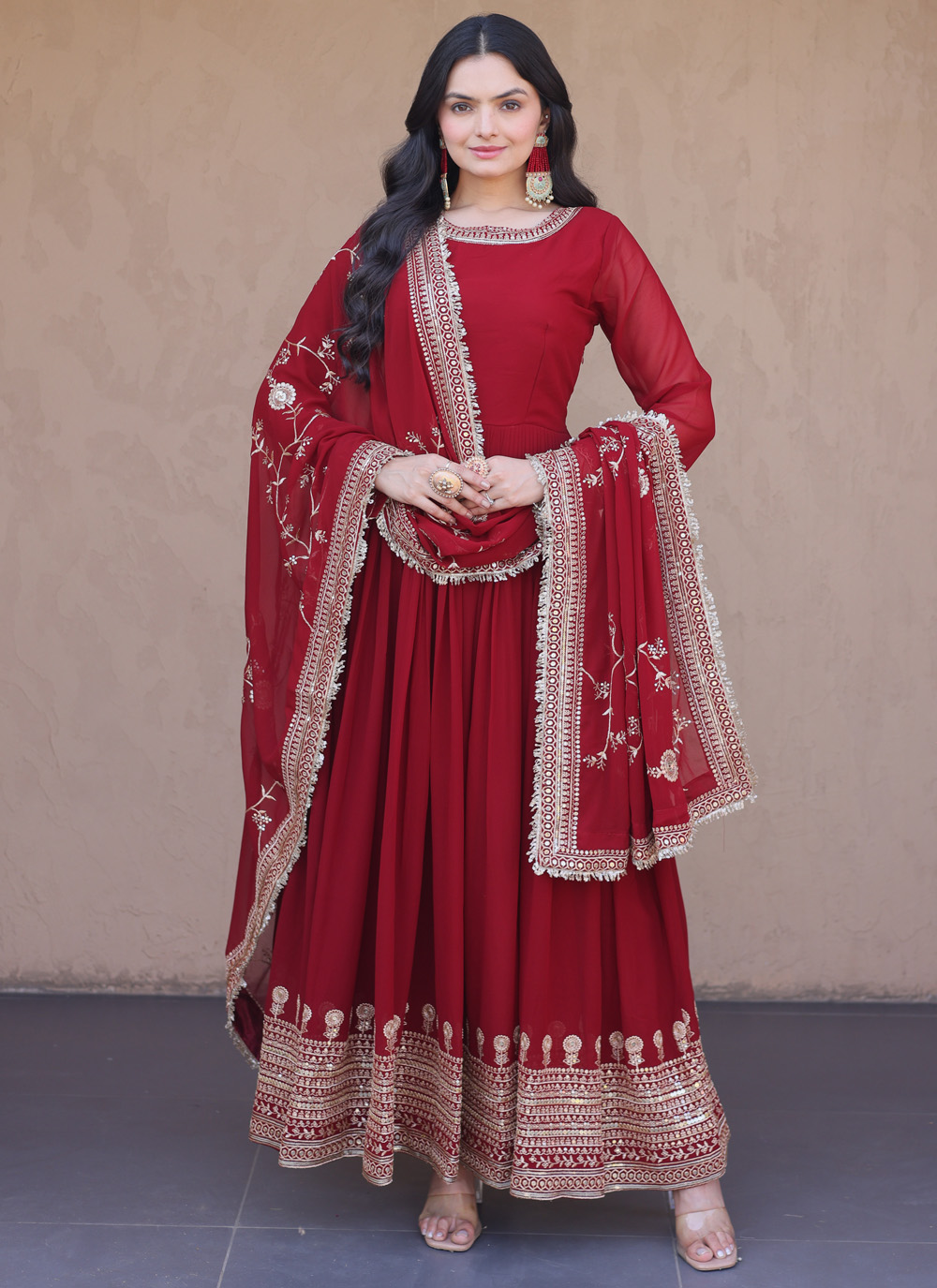 Maroon Faux Georgette Sequins Zari Embroidered Readymade Gown - Buy Online