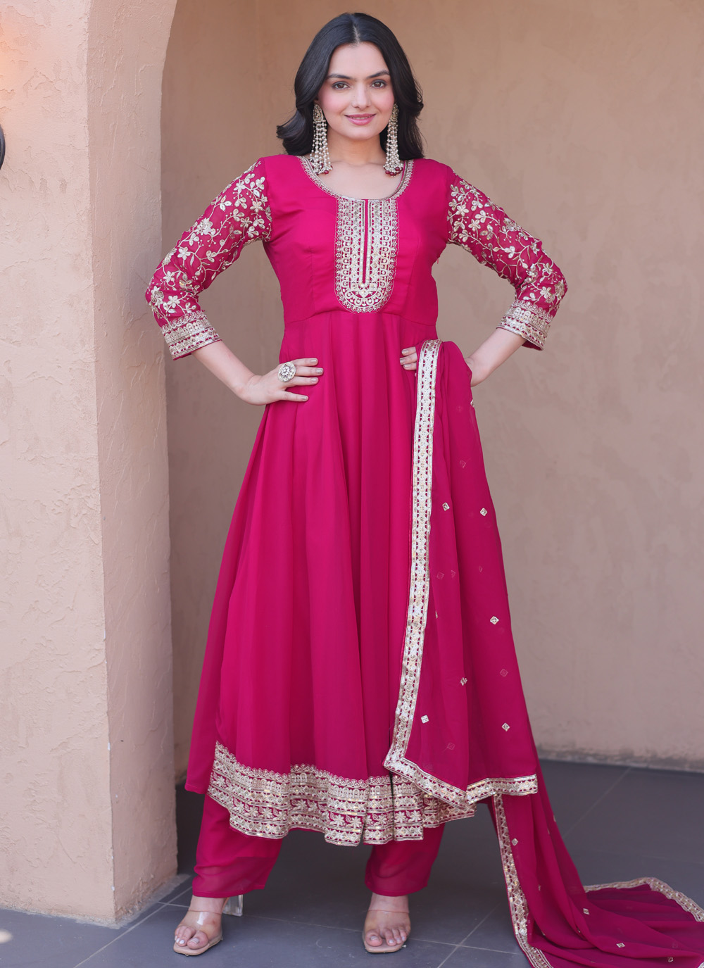 Faux Georgette Sequins Embroidered Trendy Gown in Pink - Buy Online
