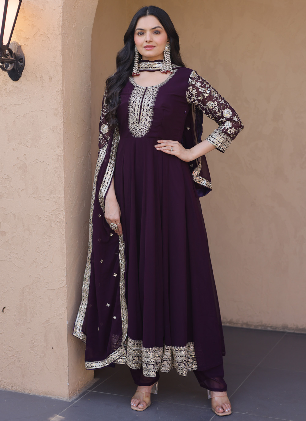 Wine Embroidered Sequins Zari Work Faux Georgette Designer Gown - Buy Online