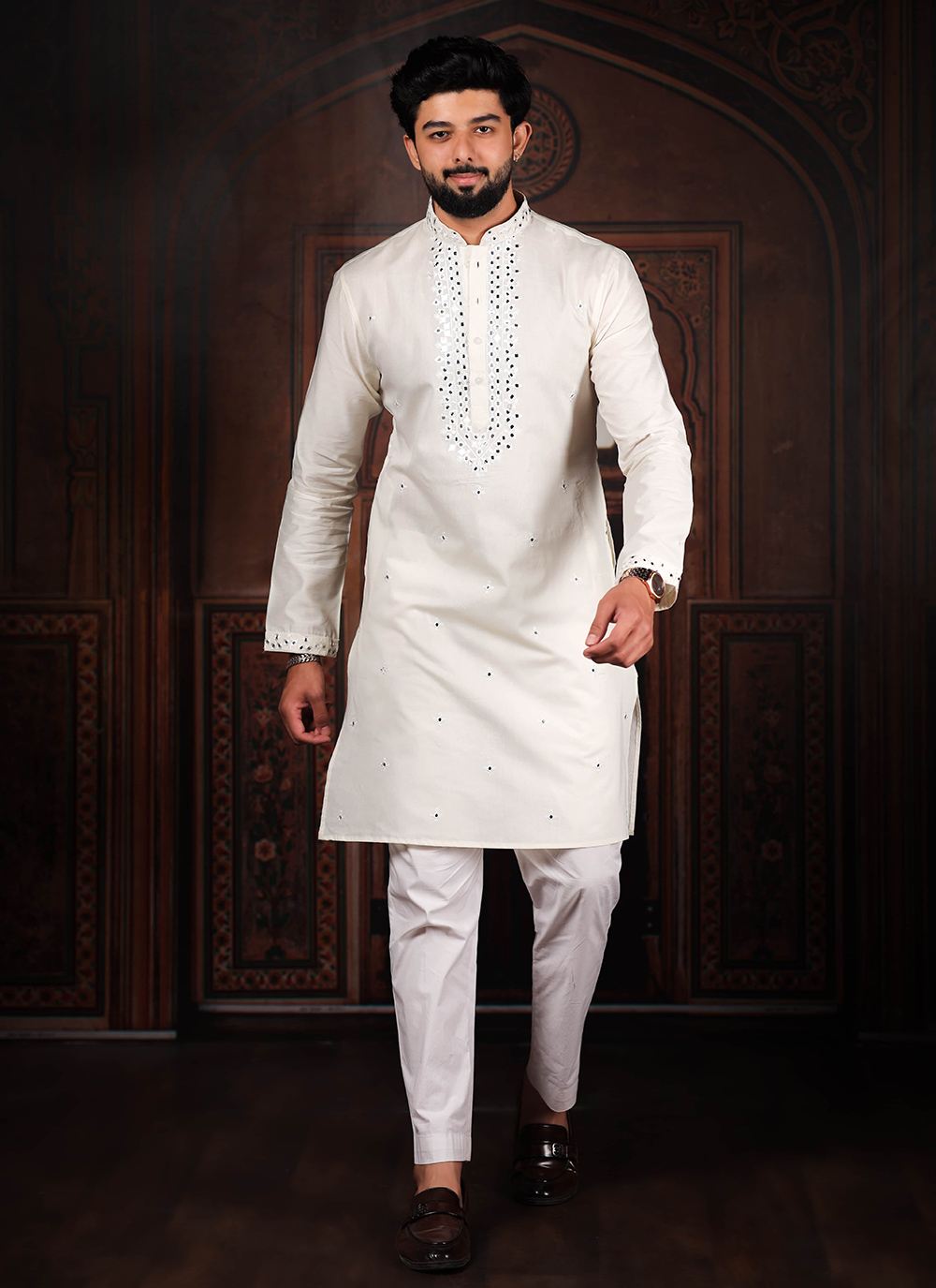 White Cotton Traditional Kurta Pyjama for Men - Buy Online