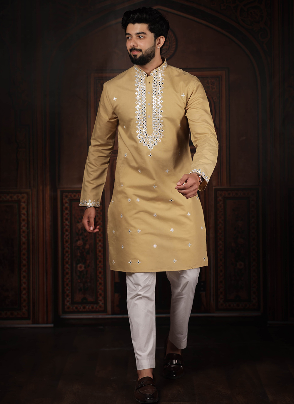 Brown Cotton Embroidered Work Kurta Pyjama - Buy Online