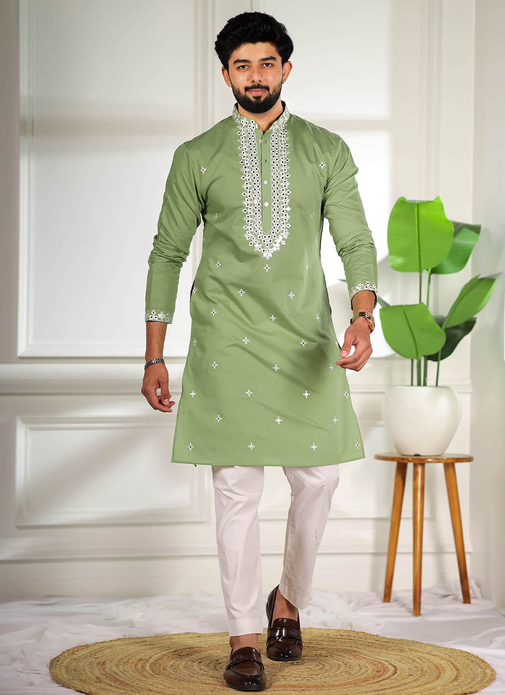 Cotton Embroidered Work Trendy Green Kurta Pyjama - Buy Online
