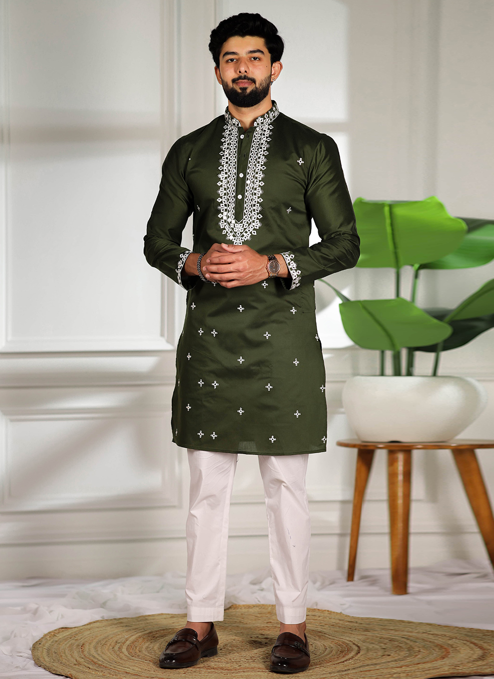 Embroidered Green Cotton Kurta Pyjama for Festival - Buy Online