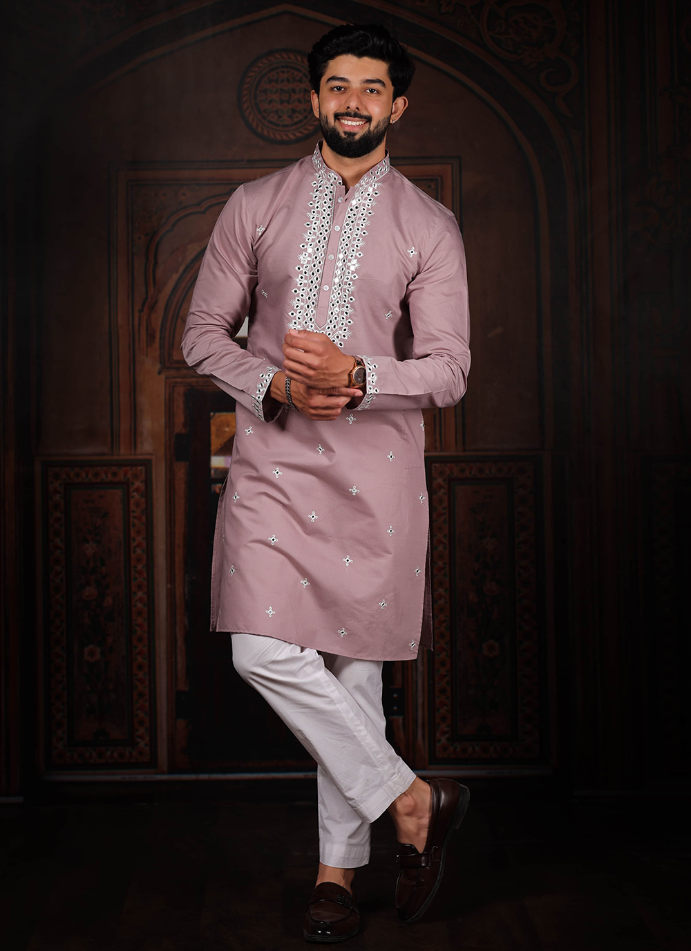 Pink Embroidered Cotton Kurta Pyjama for Men - Buy Online