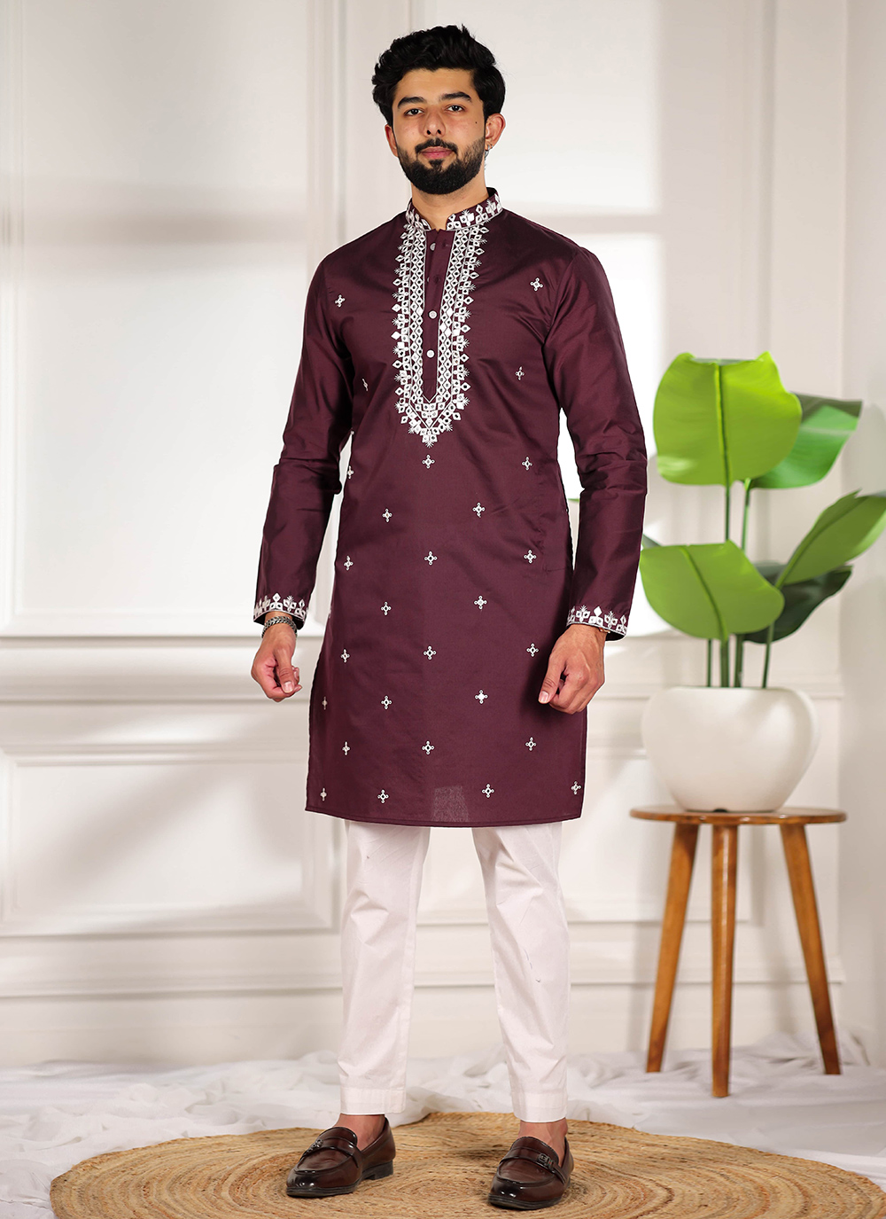 Cotton Embroidered Work Kurta Pyjama in Wine - Buy Online