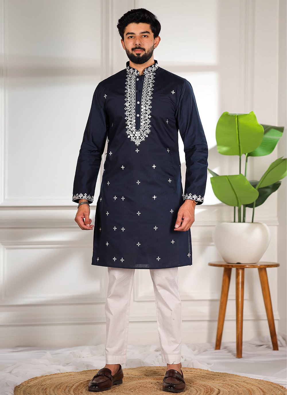 Blue Embroidered Work Ceremonial Cotton Kurta Pyjama - Buy Online