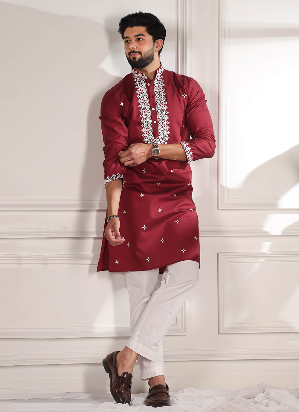 Cotton Embroidered Maroon Festival Wear Kurta Pyjama - Buy Online