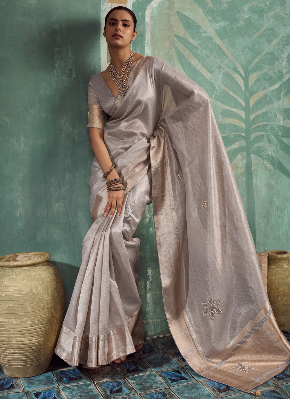 Grey Cotton Tissue Cutdana Thread Embroidered Contemporary Saree - Buy Online