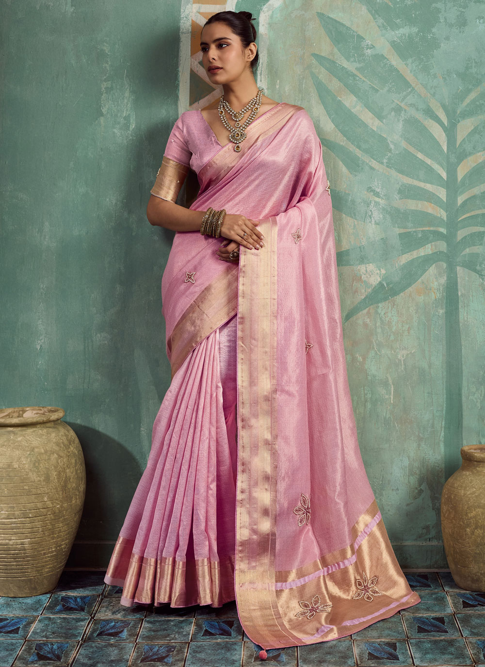 Tissue Cotton Pearls Cutdana Embroidered Trendy Saree in Pink - Buy Online