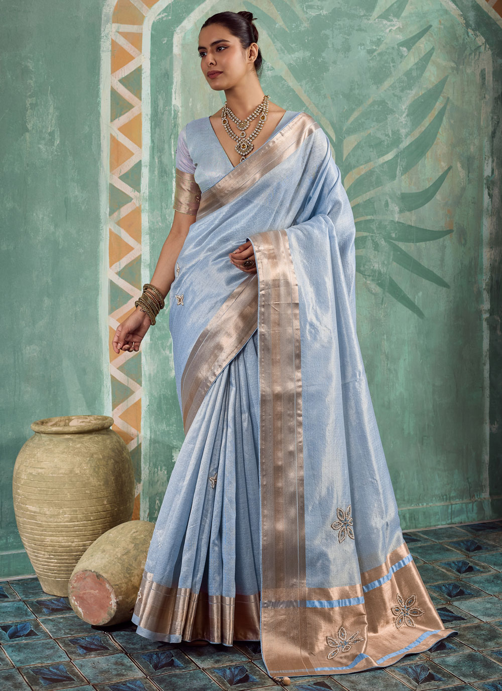 Aqua Blue Embroidered Tissue Cotton Classic Saree - Buy Online