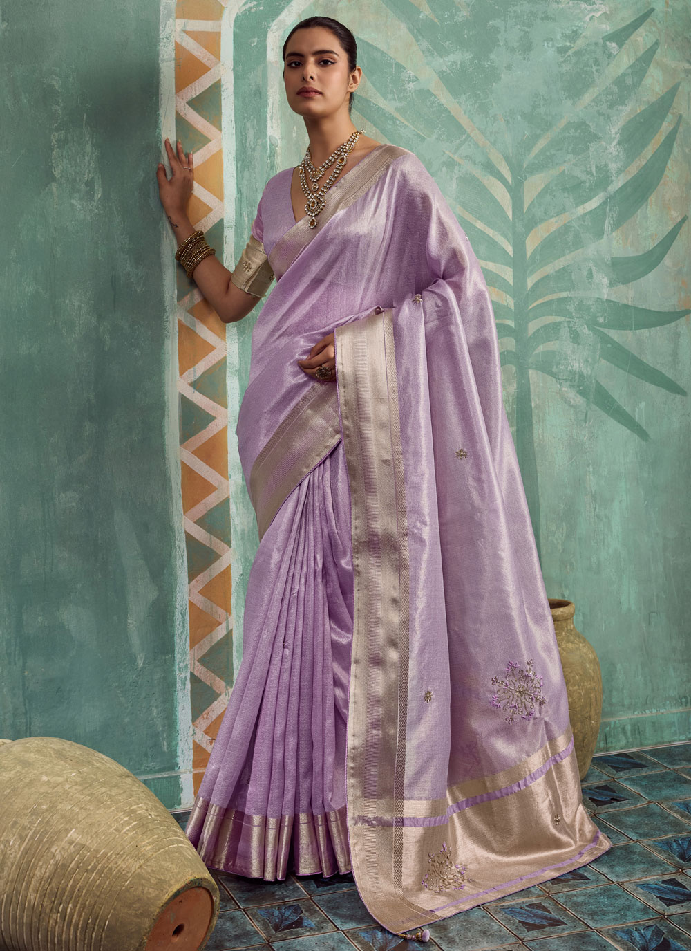 Tissue Cotton Thread Embroidered Saree in Lavender - Buy Online