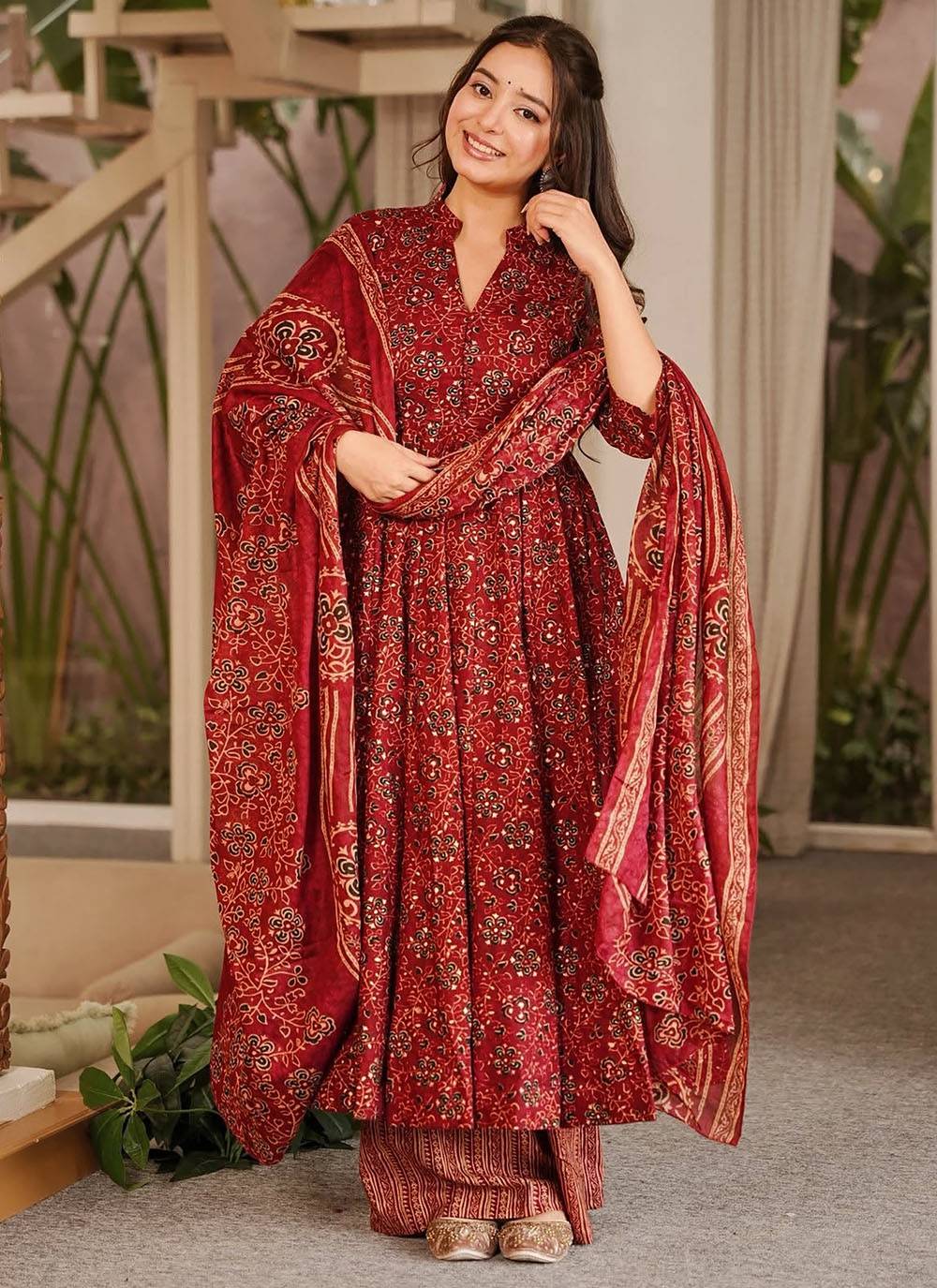 Maroon Muslin Digital Printed Readymade Anarkali Style Suit - Buy Online