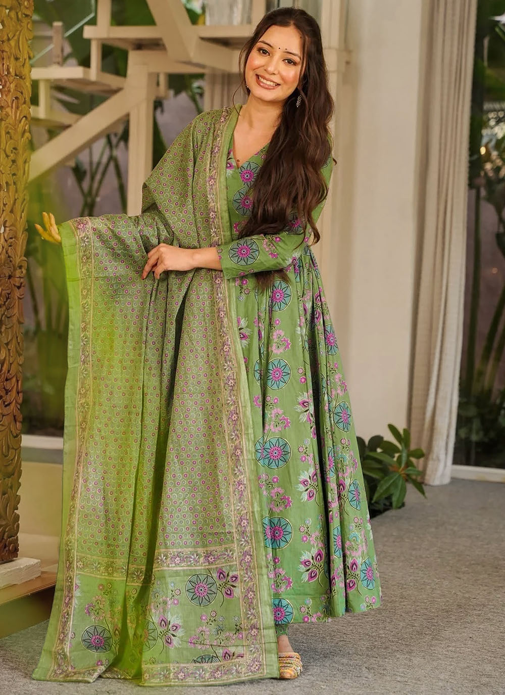 Green Digital Printed Muslin Readymade Salwar Suit for Festival - Buy Online