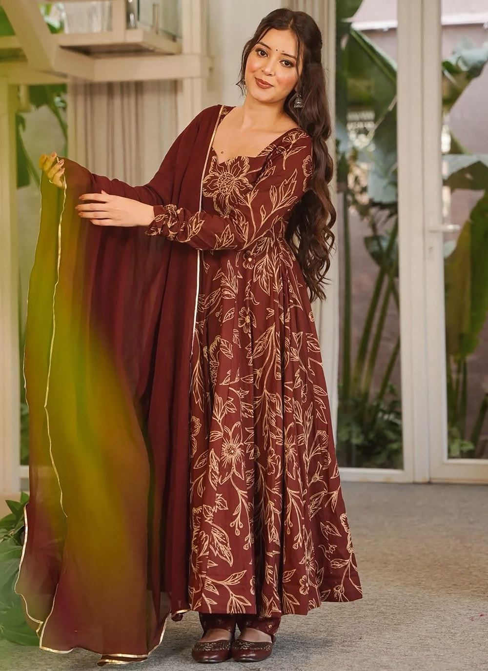 Muslin Brown Digital Printed Readymade Salwar Suit in Plus Size - Buy Online