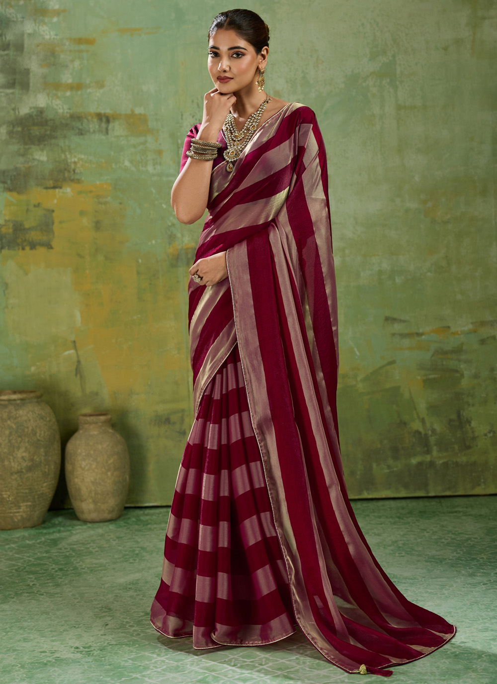 Maroon Velvet Satin Plain Trendy Saree - Buy Online