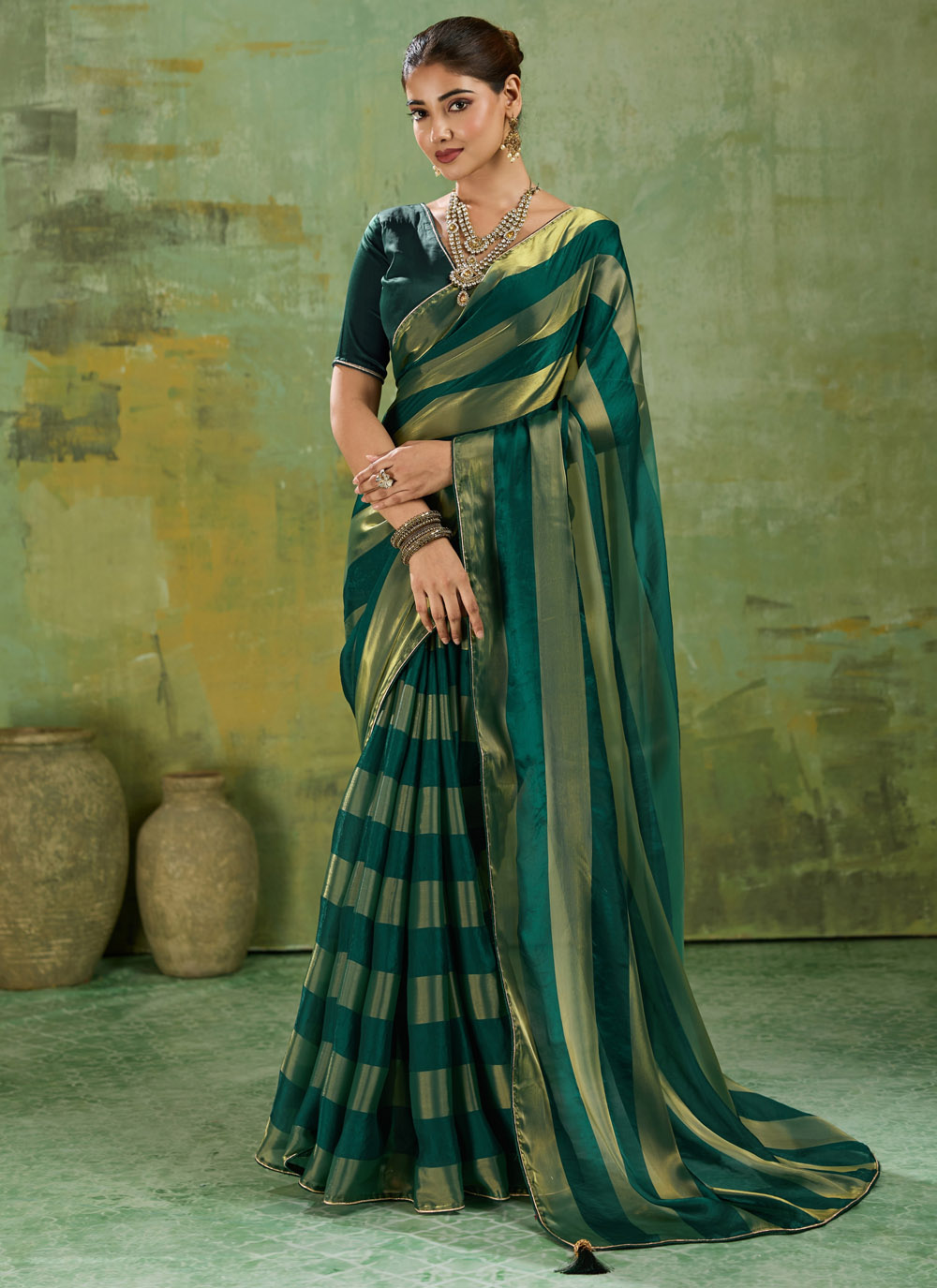Velvet Satin Plain Green Classic Saree - Buy Online