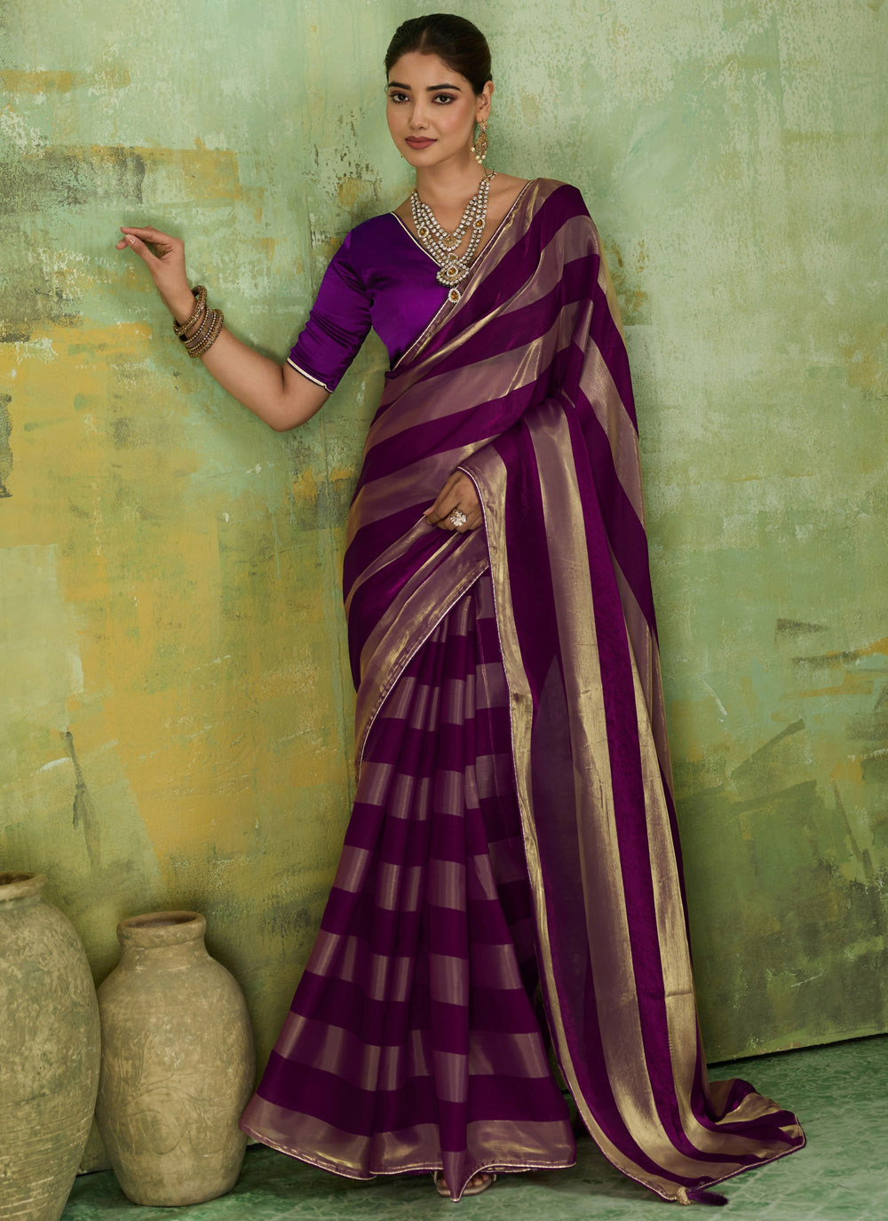 Velvet Satin Purple Plain Work Classic Saree - Buy Online
