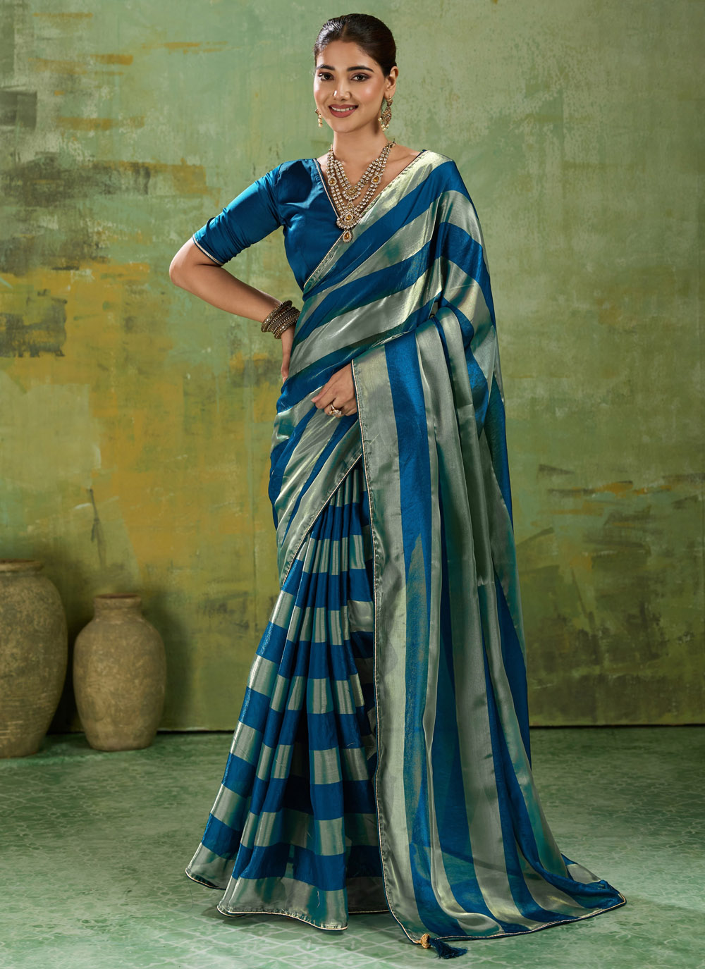 Teal Plain Satin Velvet Contemporary Saree for Festival - Buy Online