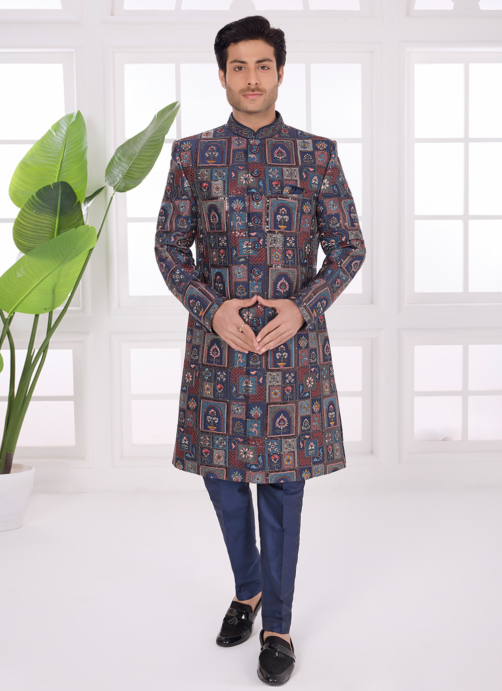 Art Silk Navy Blue Embroidered Ceremonial Indo Western - Buy Online